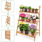 3 Tier Bamboo Plant Stand Foldable Ladder Shelf Indoor Outdoor