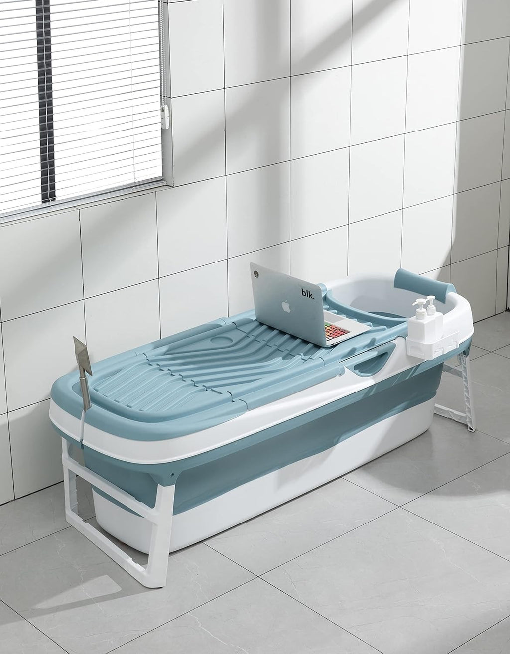 Schwänlein Foldable Adult Bathtub Portable Bath Tub Pillow & Basket Blue