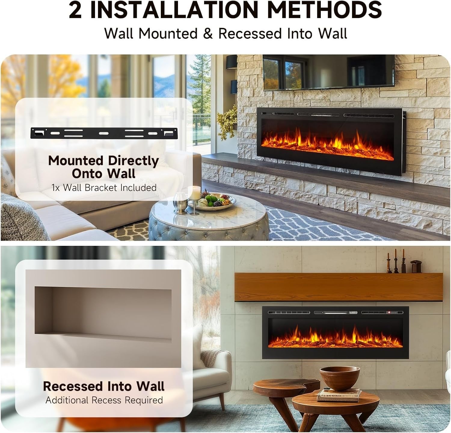 INMOZATA 127cm Electric Fireplace Recessed/Wall 12-Colour LED Flame 900/1800W