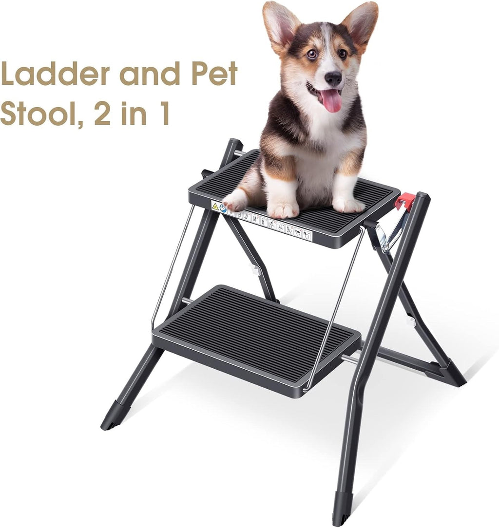 2 Step Folding Ladder Double Sided Step Stool w Handle Large Platform