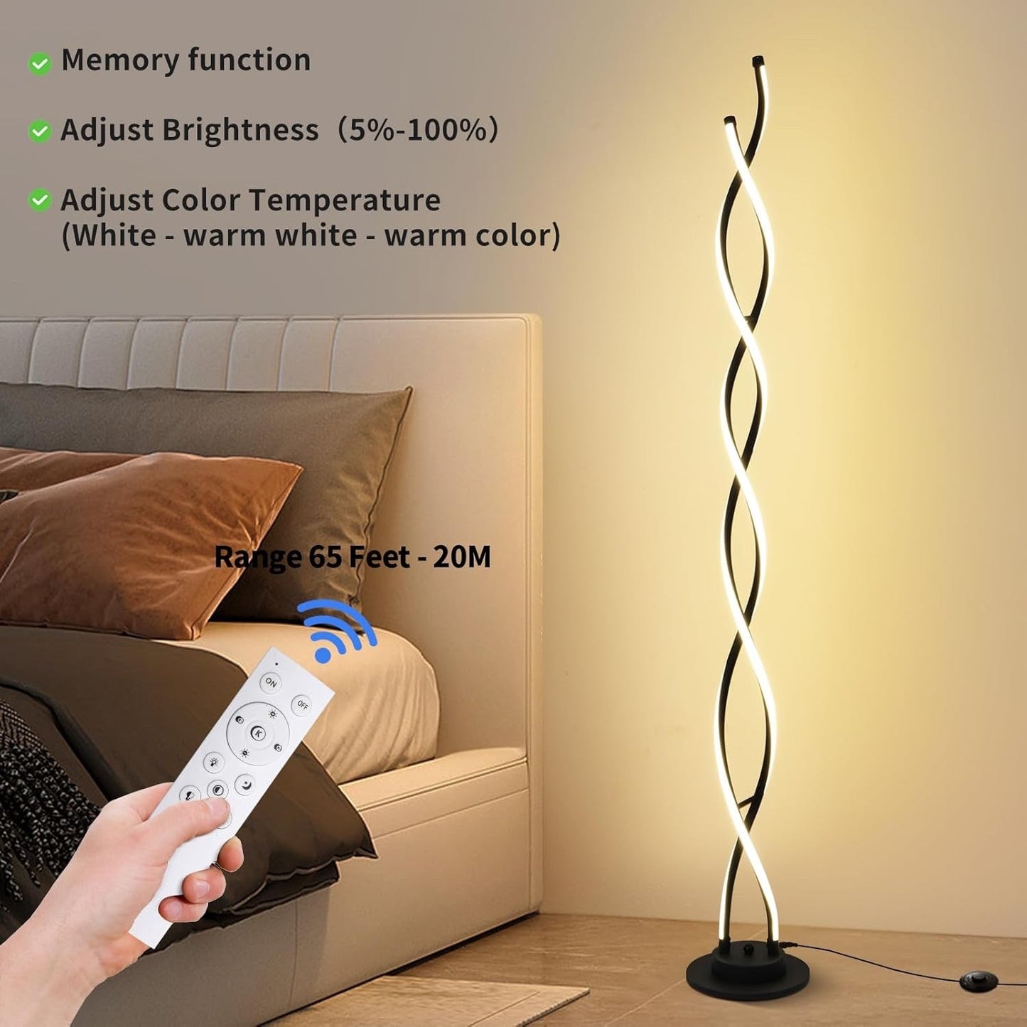 LED Floor Lamp 55in Black Standing Light 3 Color Temp 5 Levels Remote Control