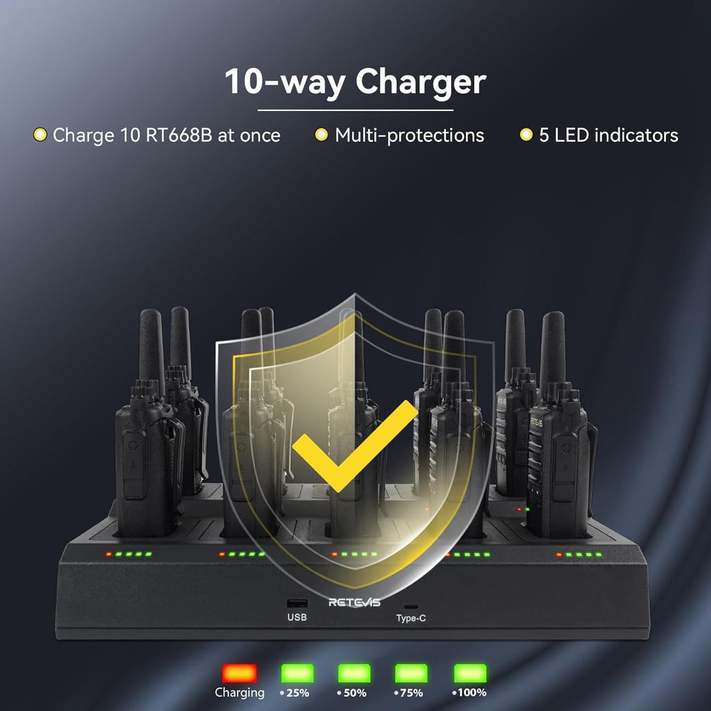 Retevis RT668 Walkie Talkies Rechargeable 10 Way Charger VOX – Black 10 Pcs