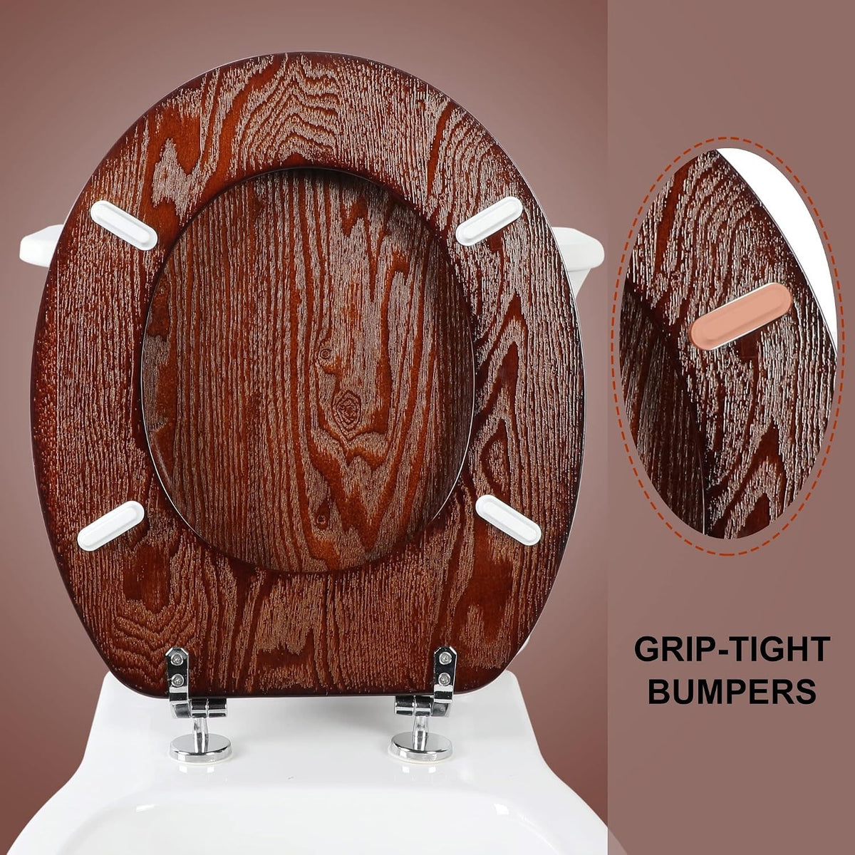 Toilet Seat Wooden Oval Bathroom Lid Dark Walnut MDF Adjustable Hinges 45x37cm