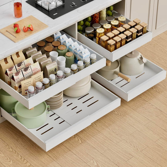 Pull Out Cabinet Organiser Drawers 2 Pack Adjustable Sliding Kitchen Shelves Whi