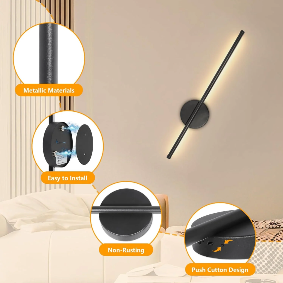 2x Wireless Rechargeable Wall Sconce Lights Black Dimmable Remote