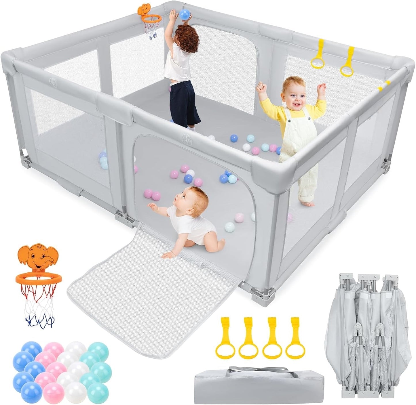 Foldable Baby Playpen Large 180x150x75cm Grey Toddler Play Yard Travel Bag