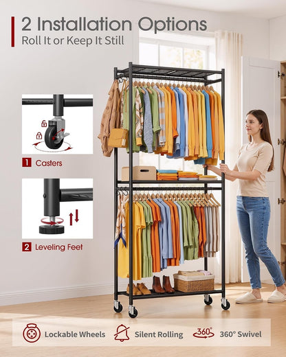 Heavy Duty Clothes Rail Metal Garment Rack Wheels Shelves 84x31x202cm Black