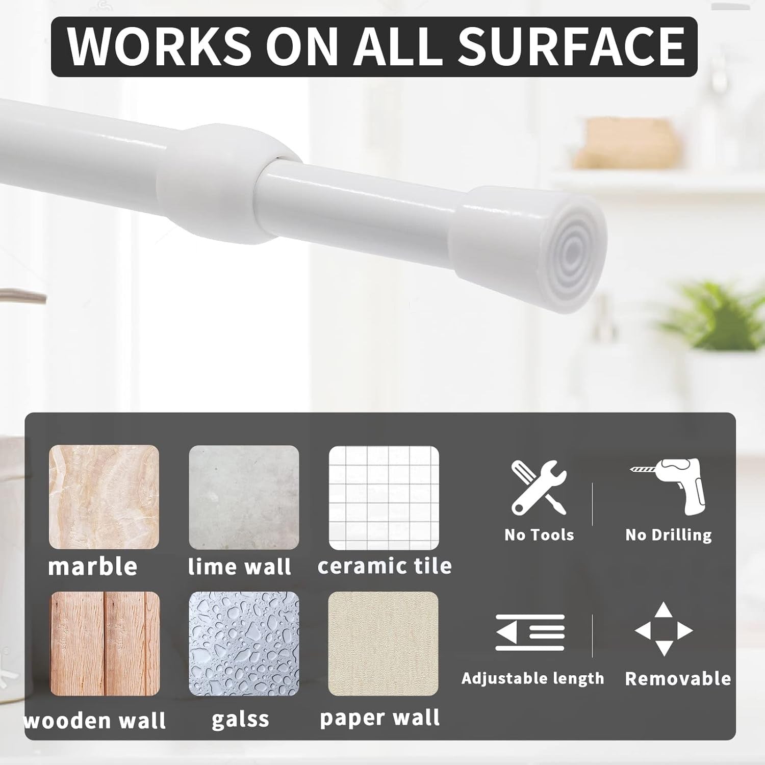 2 Pack 135-250cm Tension Curtain Rods Extendable No Drill Window Pole White