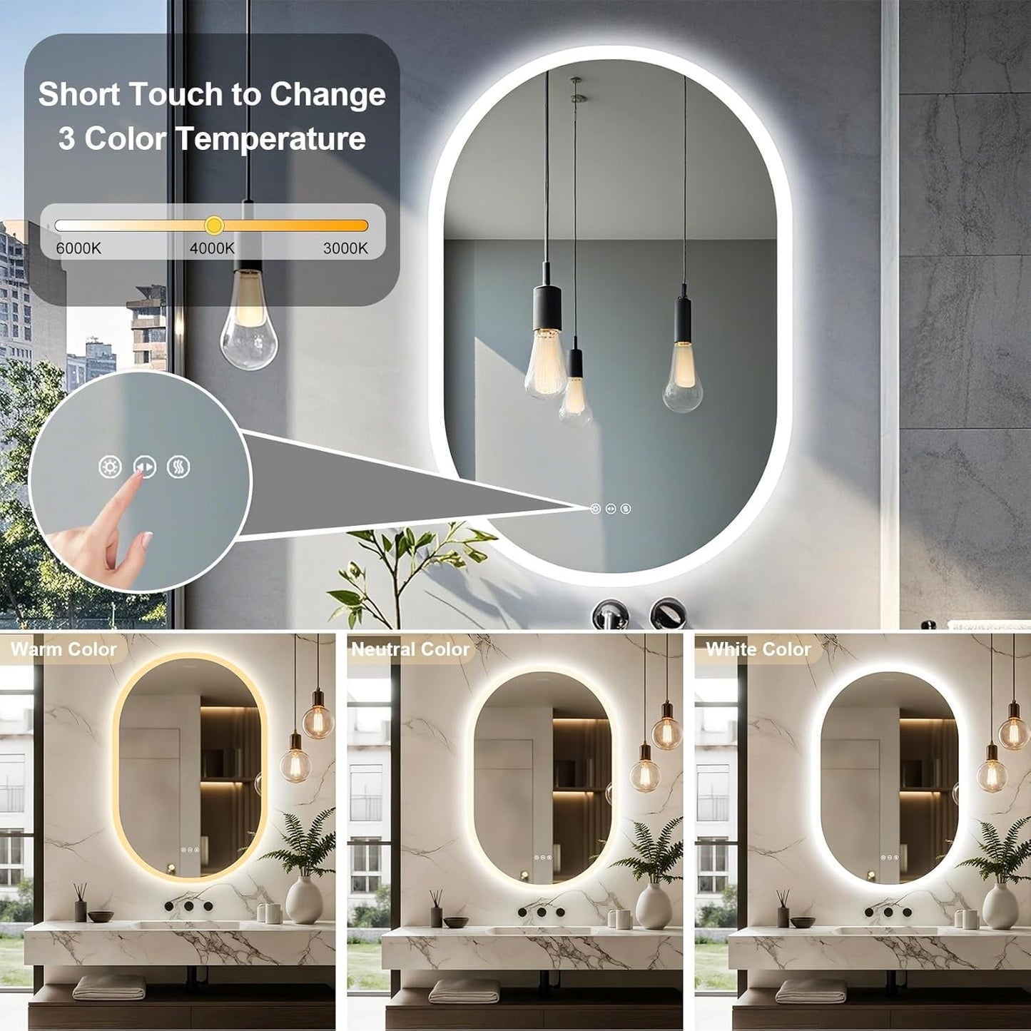 600x900mm LED Bathroom Mirror Anti Fog Dimmable 3 Color Light Wall Mounted IP56