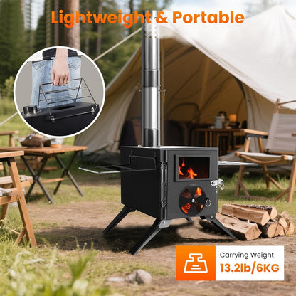 Wood Burning Stove Portable Tent Camping Mini Alloy Steel Chimney Cooking Black