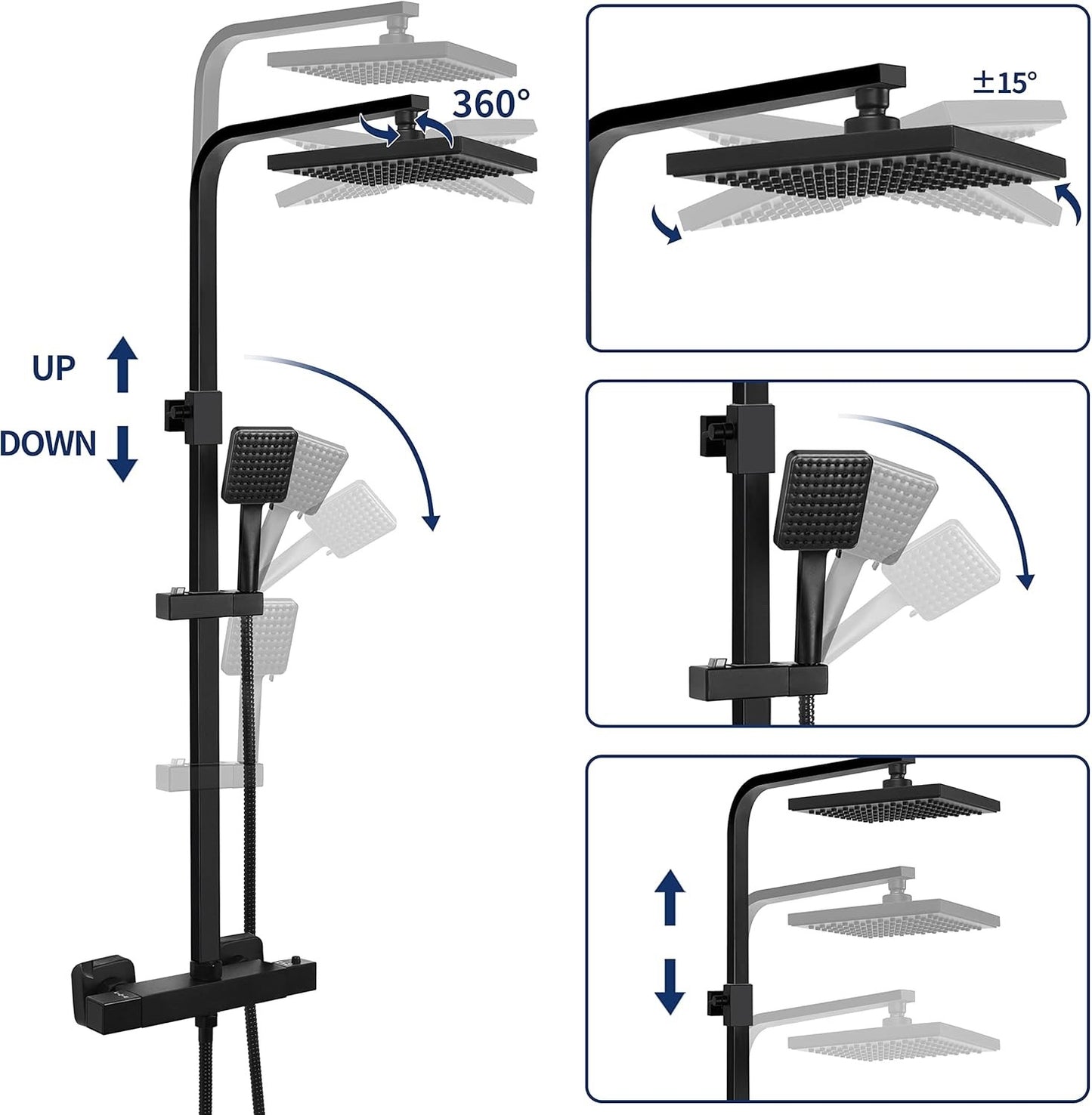 Shower Mixer Thermostatic Rainfall Set Head Rail Kit Anti Scald Black Square