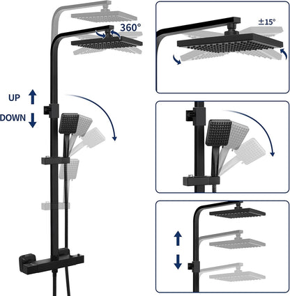Shower Mixer Thermostatic Rainfall Set Head Rail Kit Anti Scald Black Square