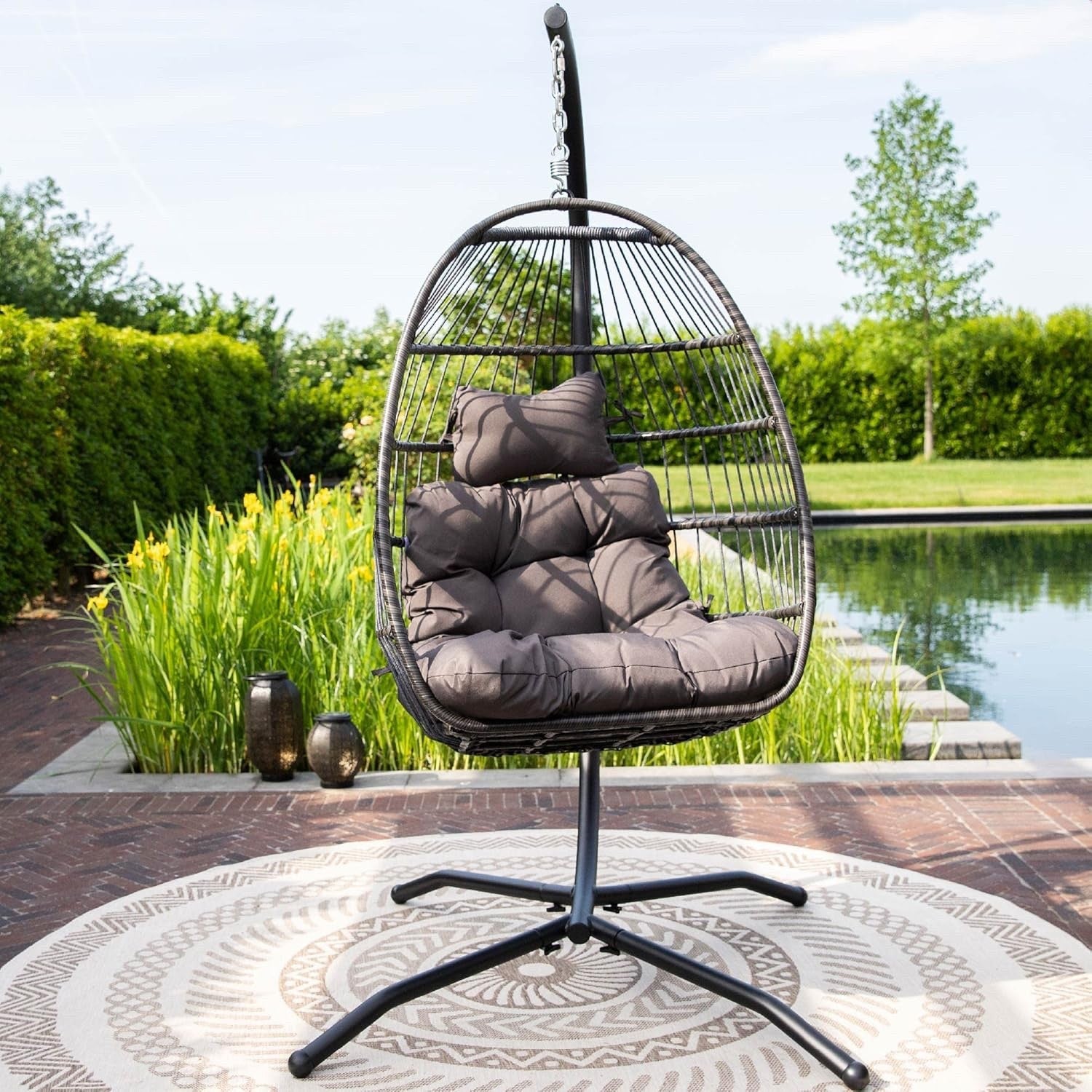 Vita5 Dark Grey Egg Chair Polyrattan Frame Cushion Hanging Indoor Outdoor 150kg