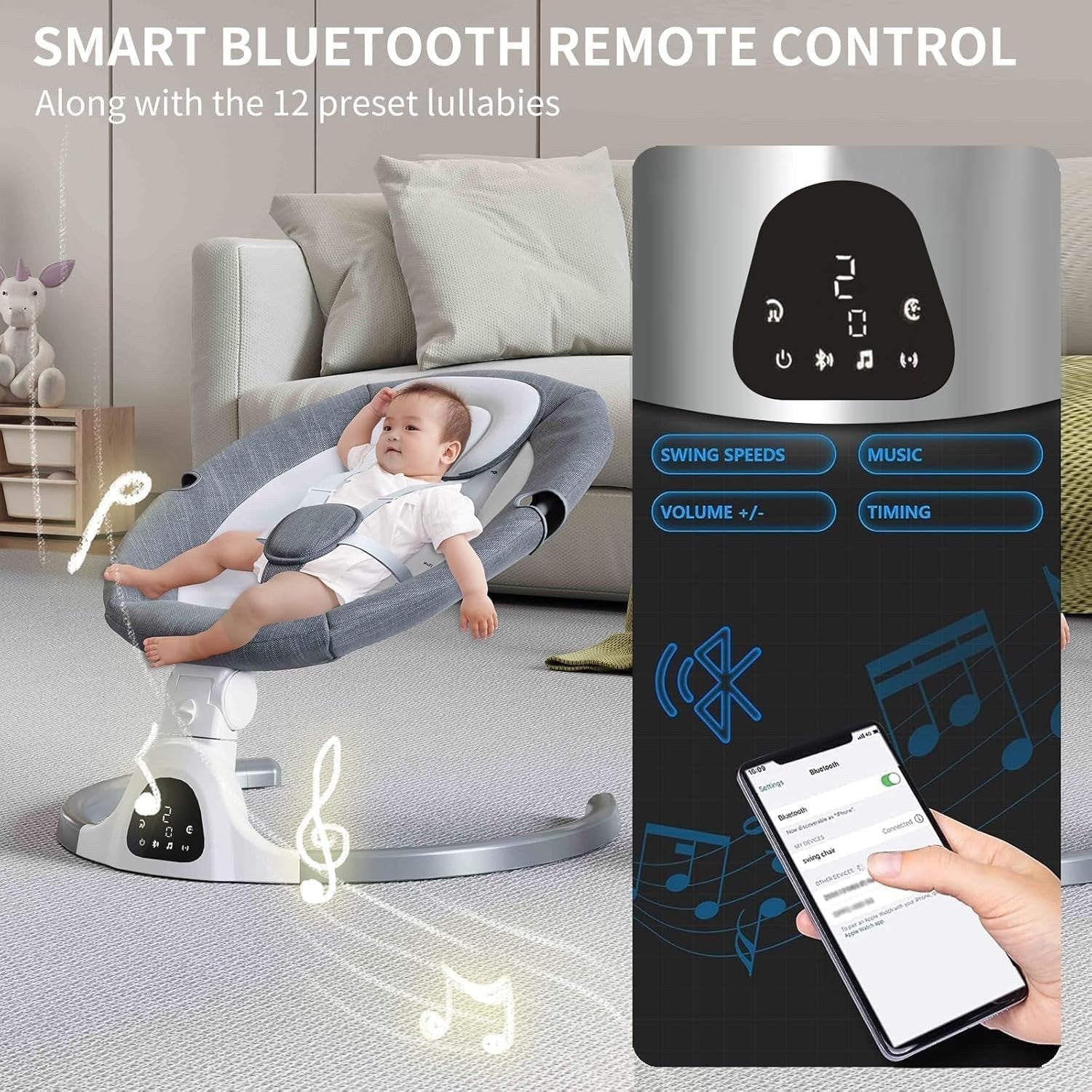 Electric Baby Swing Bluetooth Remote 5 Speed Infant Rocker 5 Point Beige