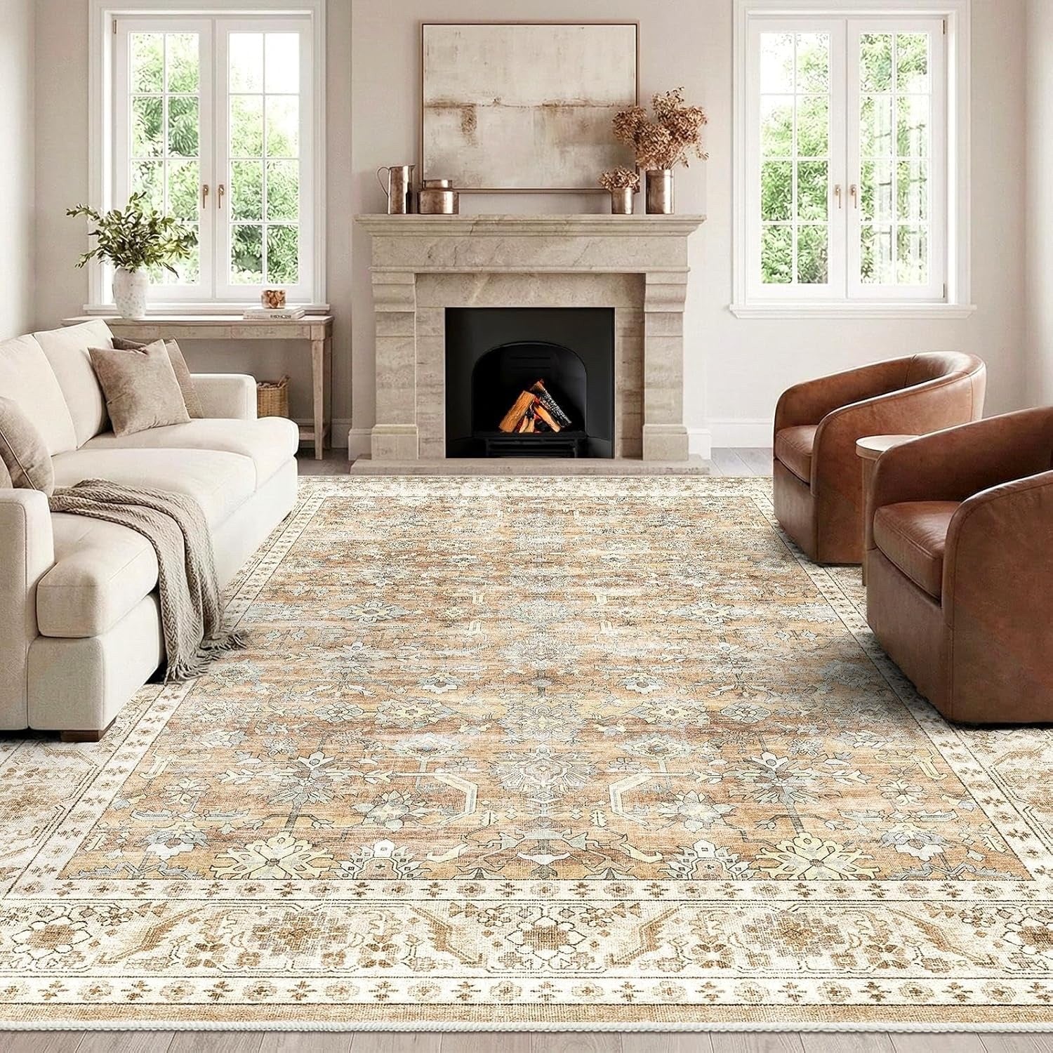 Area Rug Carpet Washable Vintage Beige Brown Non Slip Low Pile 240x340cm Home