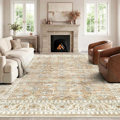 Area Rug Carpet Washable Vintage Beige Brown Non Slip Low Pile 240x340cm Home