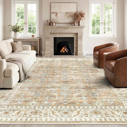 Area Rug Carpet Washable Vintage Beige Brown Non Slip Low Pile 240x340cm Home