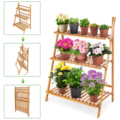 Bamboo Plant Stand Shelf 3 Tier Foldable Ladder Indoor Outdoor Display Rack