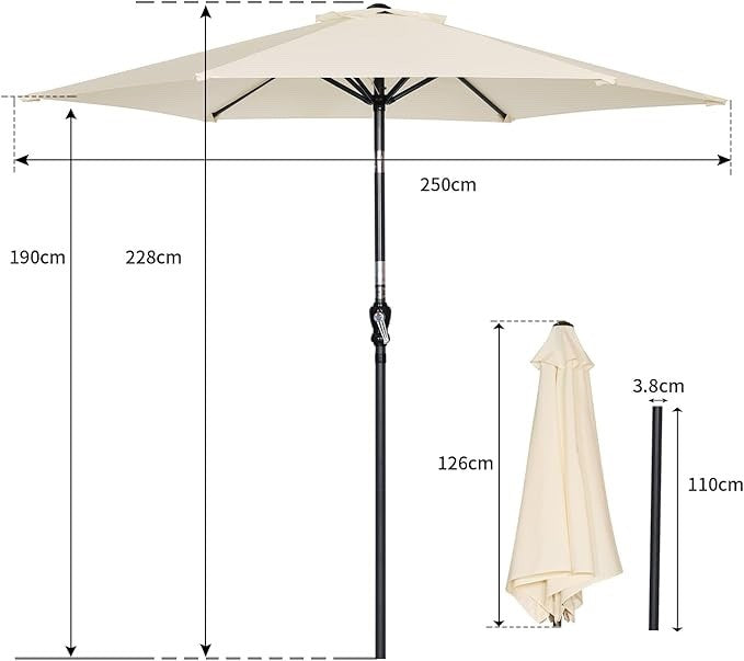 Angel Living 250cm Aluminium Garden Parasol Umbrella Crank Tilt UV50+ Sun Shade