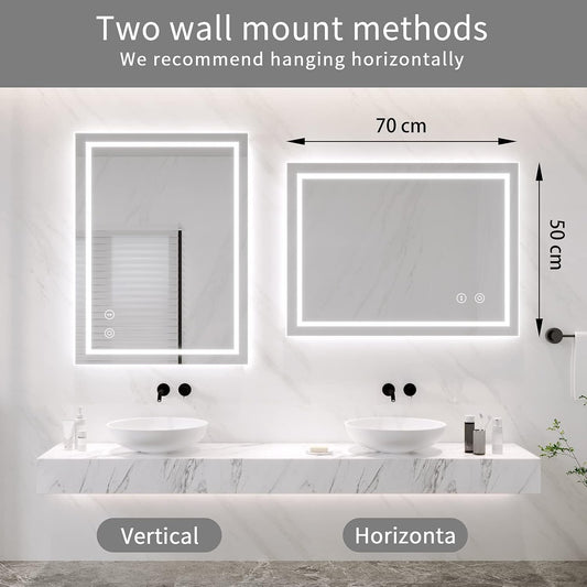 LED Bathroom Mirror 500x700mm Backlit Dimmable 3 Colour Demister Wall Mount