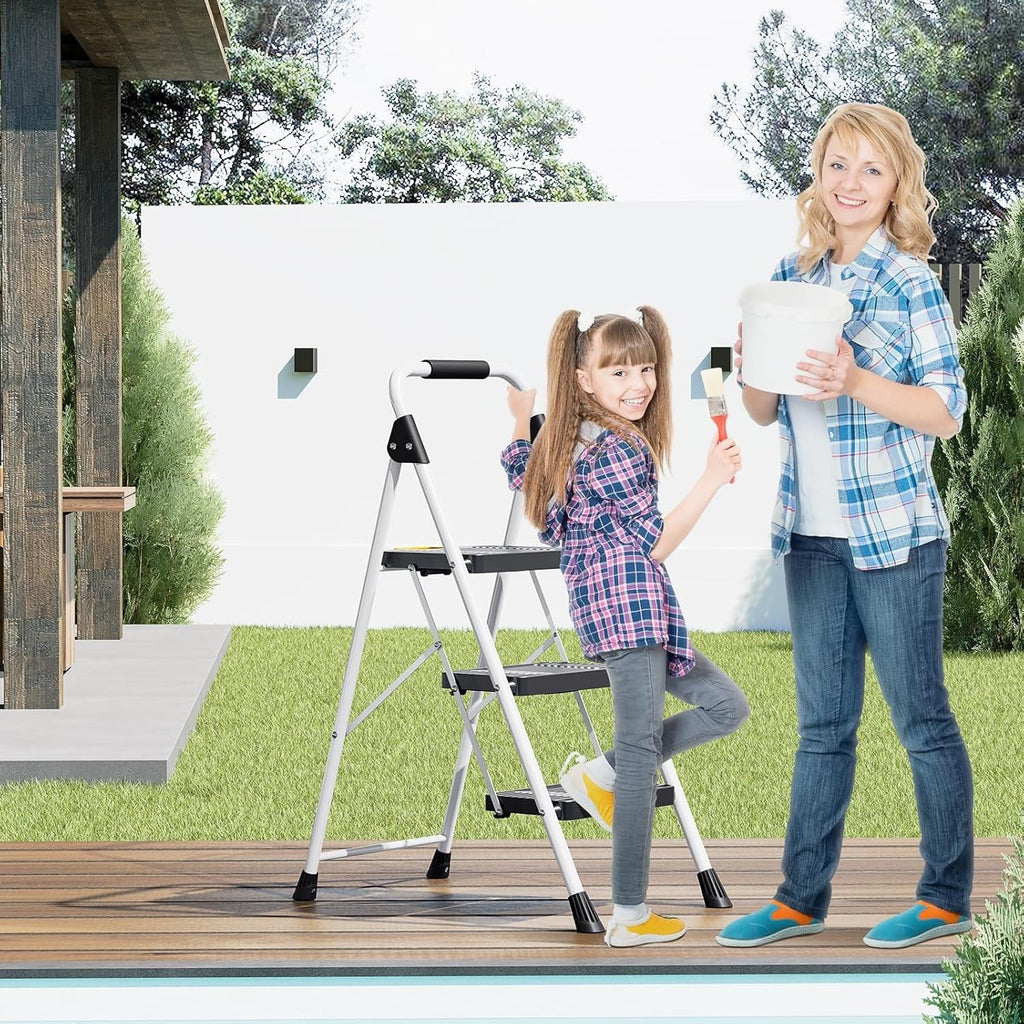 3 Step Folding Ladder Step Stool 800lb Capacity Safety Lock Handrail