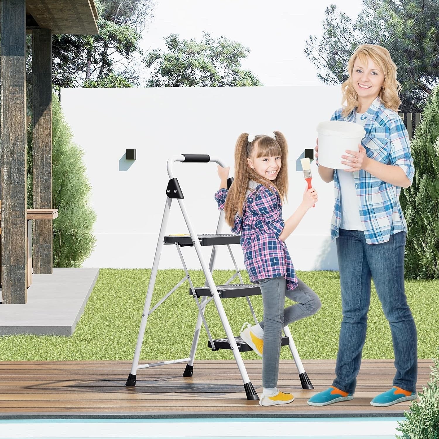 3 Step Folding Ladder Step Stool 800lb Capacity Safety Lock Handrail