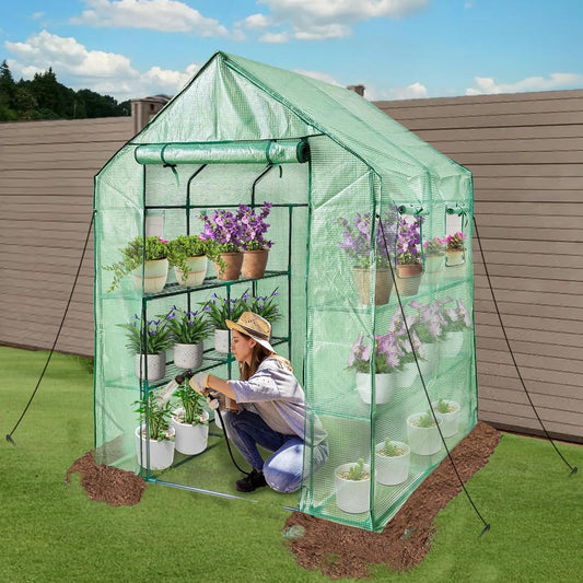 Greenhouse Shelves Walk In 12 Tier PE Cover Garden Grow House 143x143x195cm