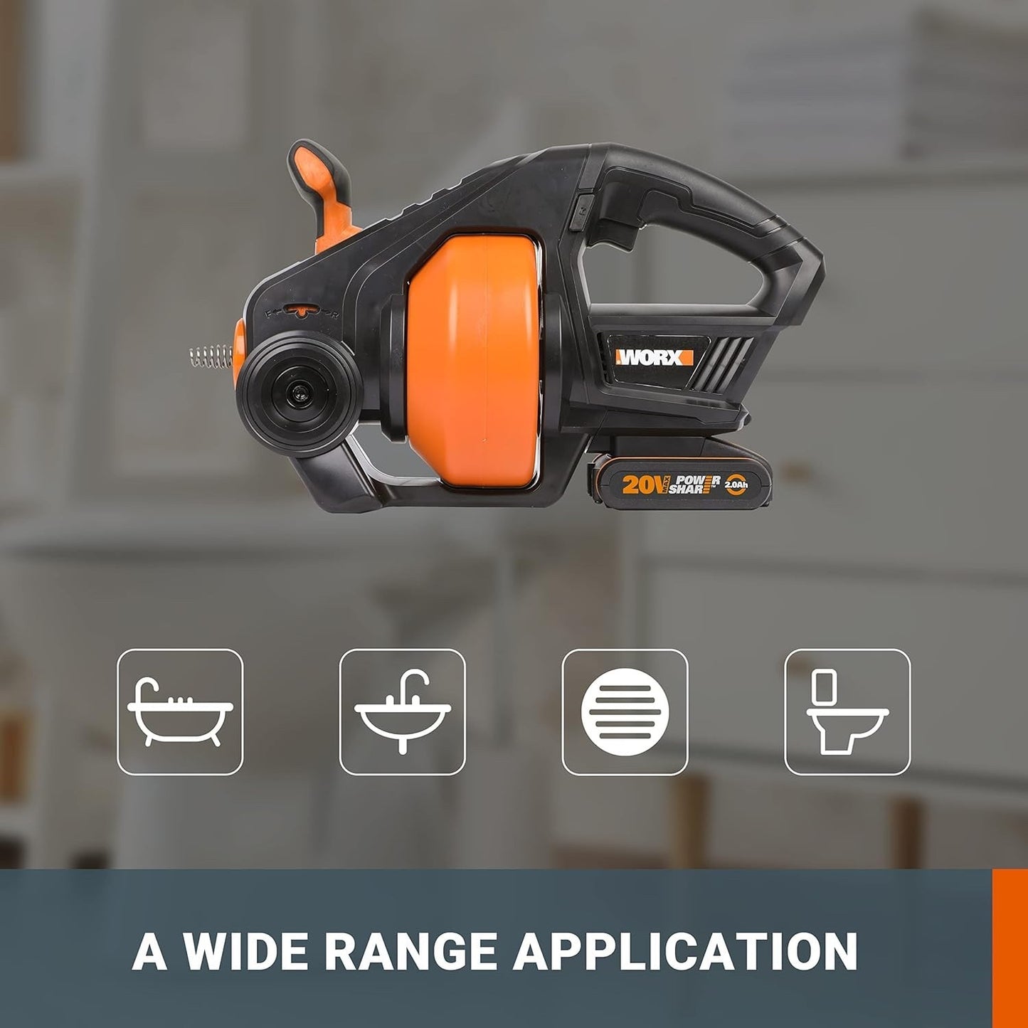 WORX  WX891 Drain Auger, Cordless Plumbing Snake with battery and quick charger