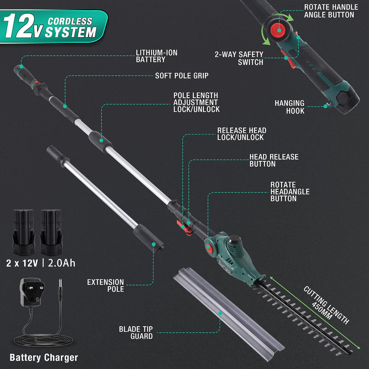 Cordless Pole Hedge Trimmer 12V 2.67m Reach 45cm Blade 2x2.0Ah Battery 135° Head