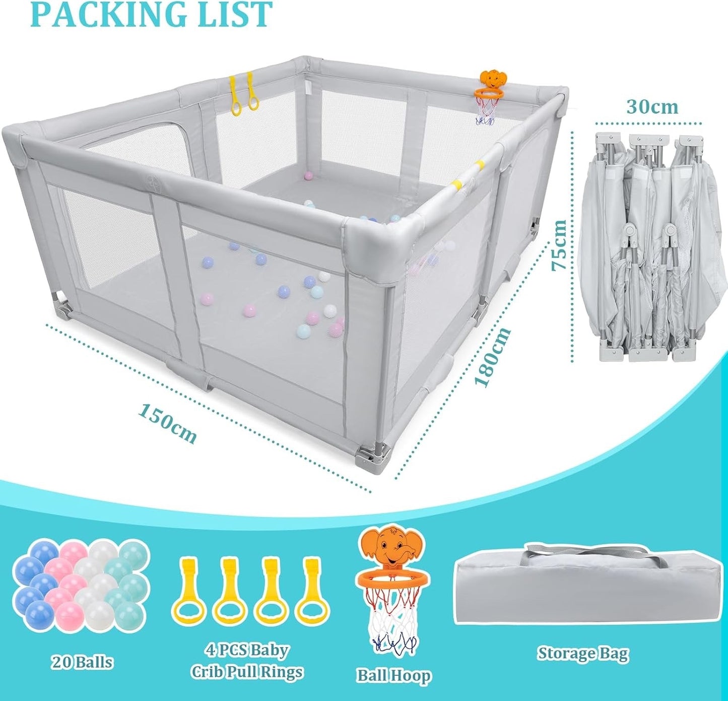 Foldable Baby Playpen Large 180x150x75cm Grey Toddler Play Yard Travel Bag