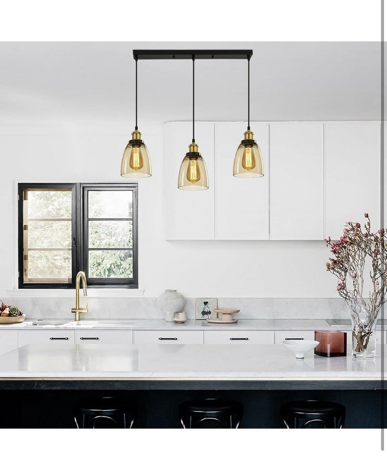 3 Light Cognac Glass Pendant Light Vintage Adjustable Ceiling Hanging Lamp