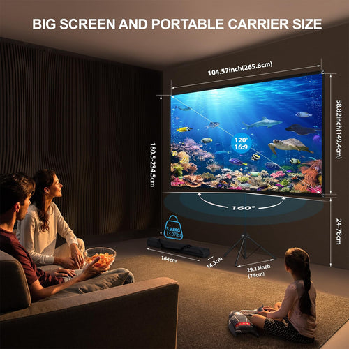 120" Projector Screen with Tripod 16:9 4K Portable Movie Screen Indoor Outdoor