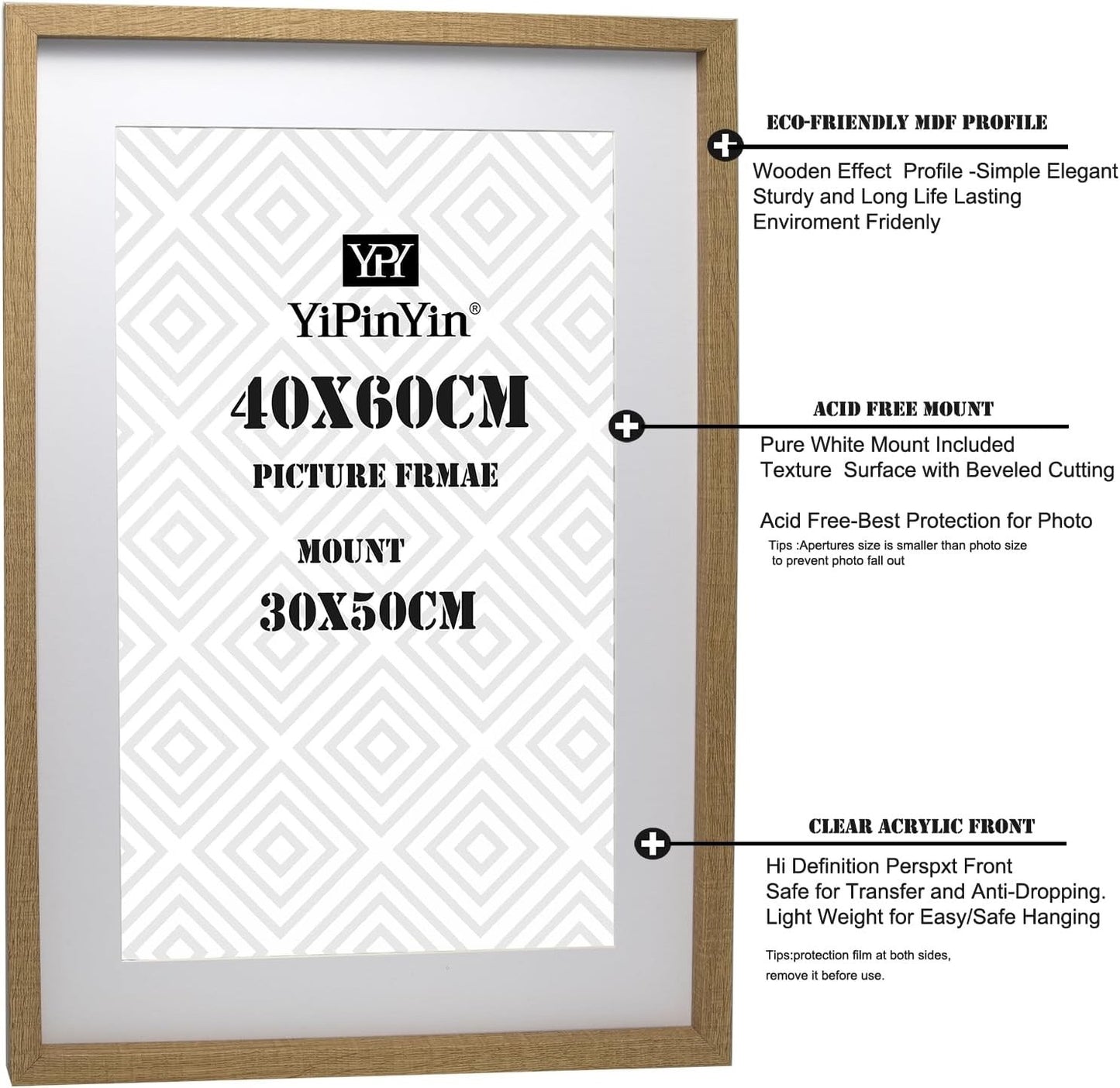 Picture Frame Set 60x40cm Wooden 3 Pack Poster Photo Mount Wall Hanging Oak