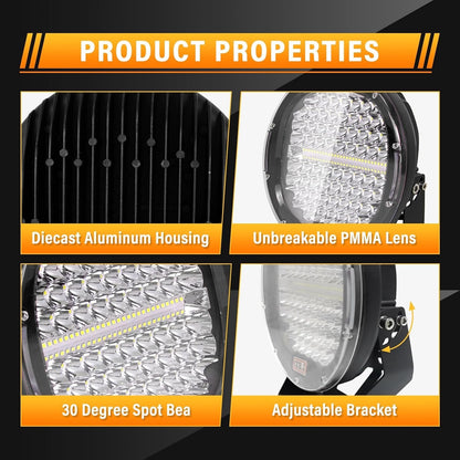LED Work Lights Pair 9 Inch 294W Spot Beam 12V 24V Off Road Truck Tractor SUV