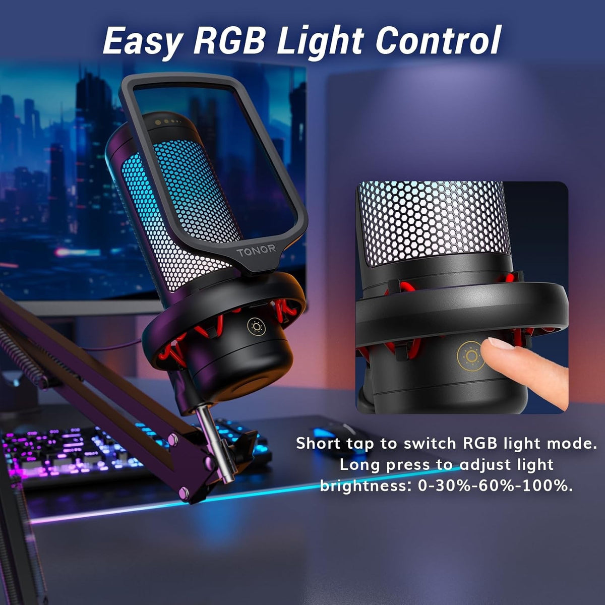 USB Microphone Gaming Condenser RGB Boom Arm Stand PC Streaming Podcast Black
