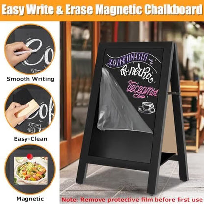 A-Frame Chalkboard Pavement Sign 45x85cm Double Sided Magnetic Wood Shelf VAIIGO