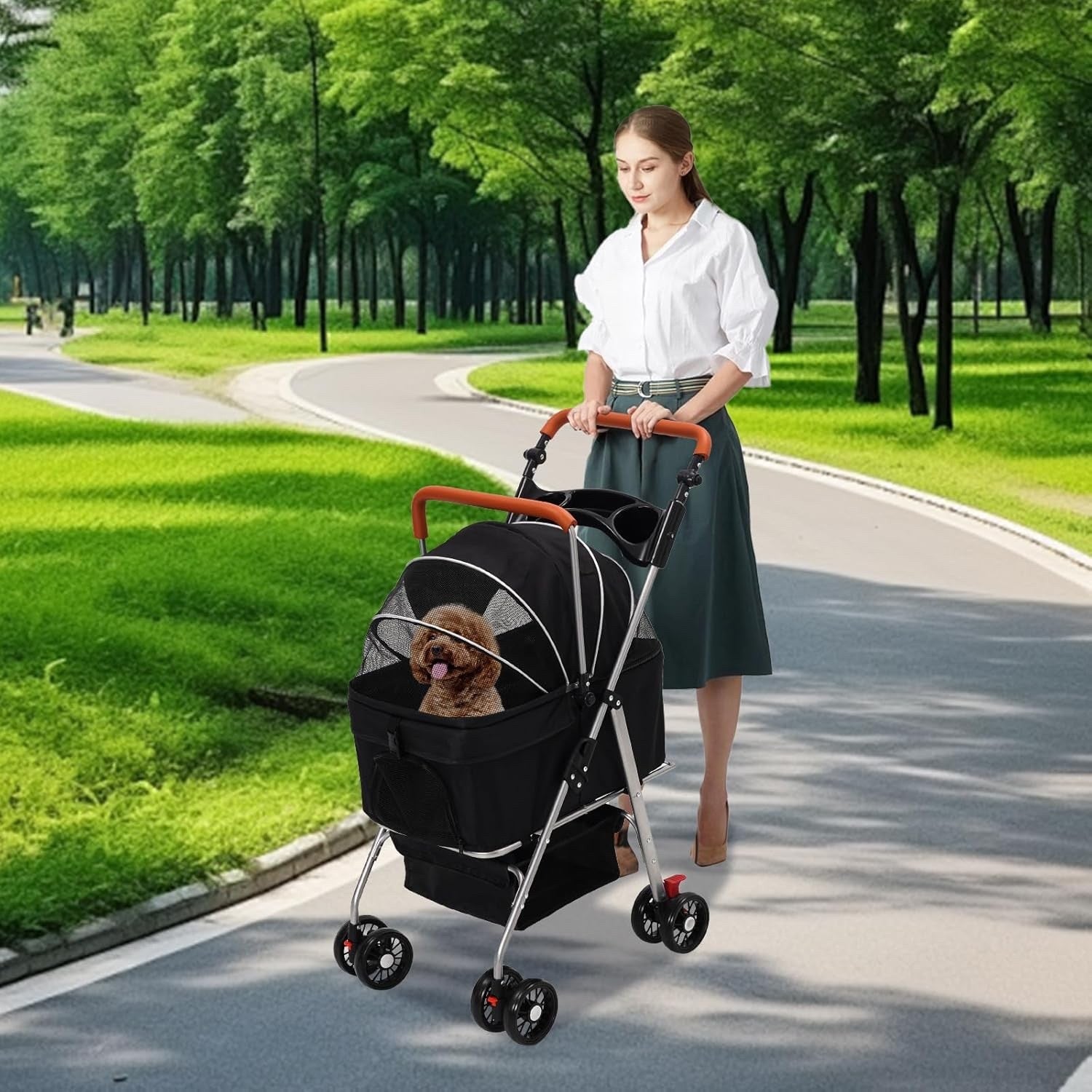 Pet Stroller Foldable Dog Cat Pram 4 Wheel Carrier Detachable Basket Black