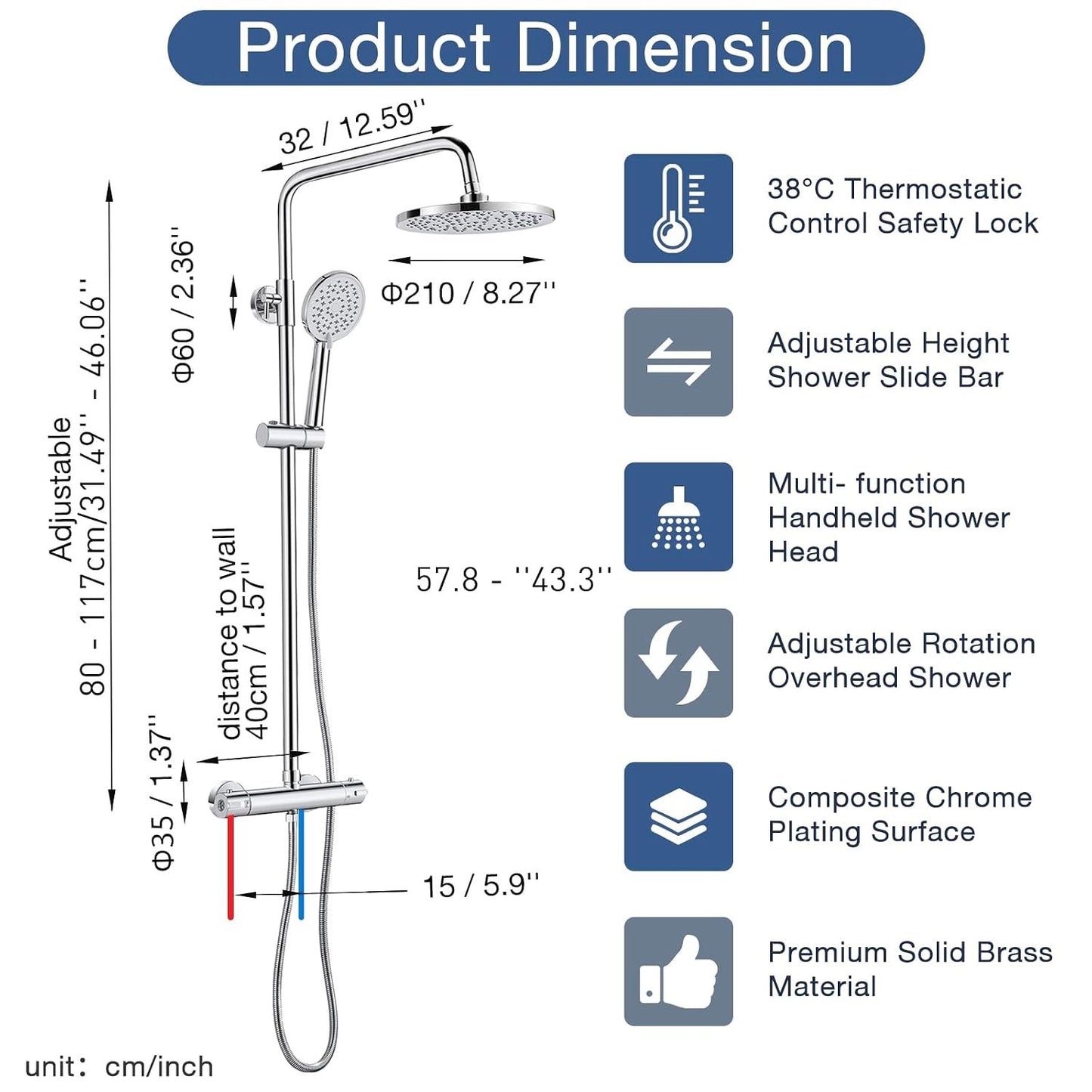 Chrome Thermostatic Shower Mixer Set Rainfall Handheld Adjustable Rail 80-117cm