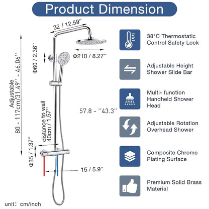 Chrome Thermostatic Shower Mixer Set Rainfall Handheld Adjustable Rail 80-117cm