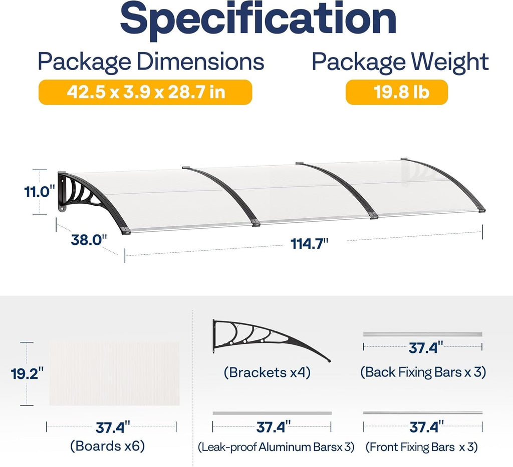 40x120in Polycarbonate Door Window Awning Canopy Clear Panel Black Bracket