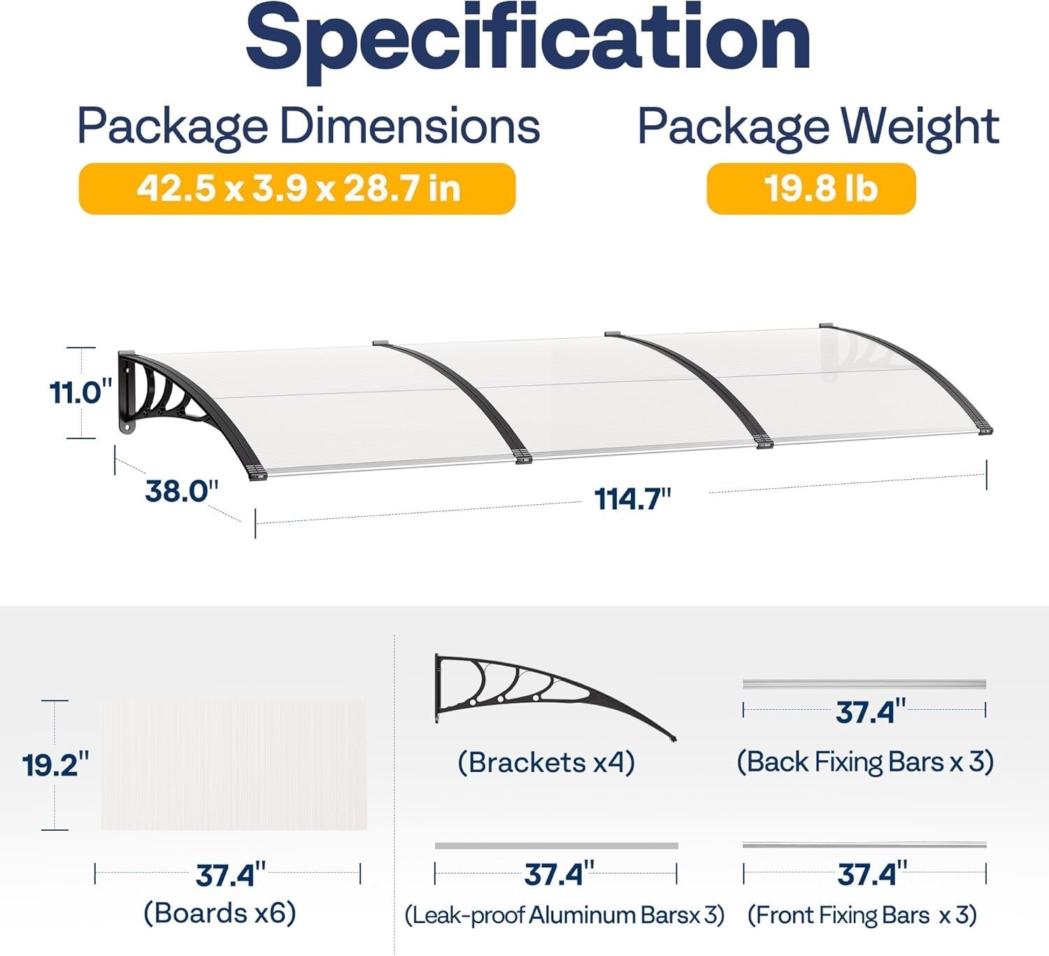 40x120in Polycarbonate Door Window Awning Canopy Clear Panel Black Bracket