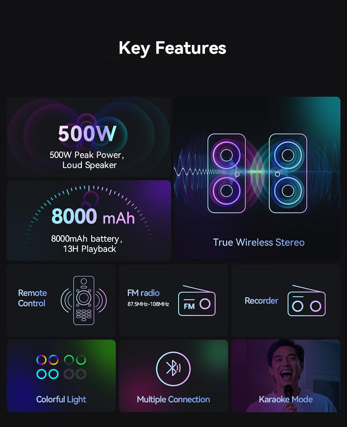 Karaoke Machine Bluetooth Speaker 500W 2 Wireless Mics LED Lights 8000mAh Black