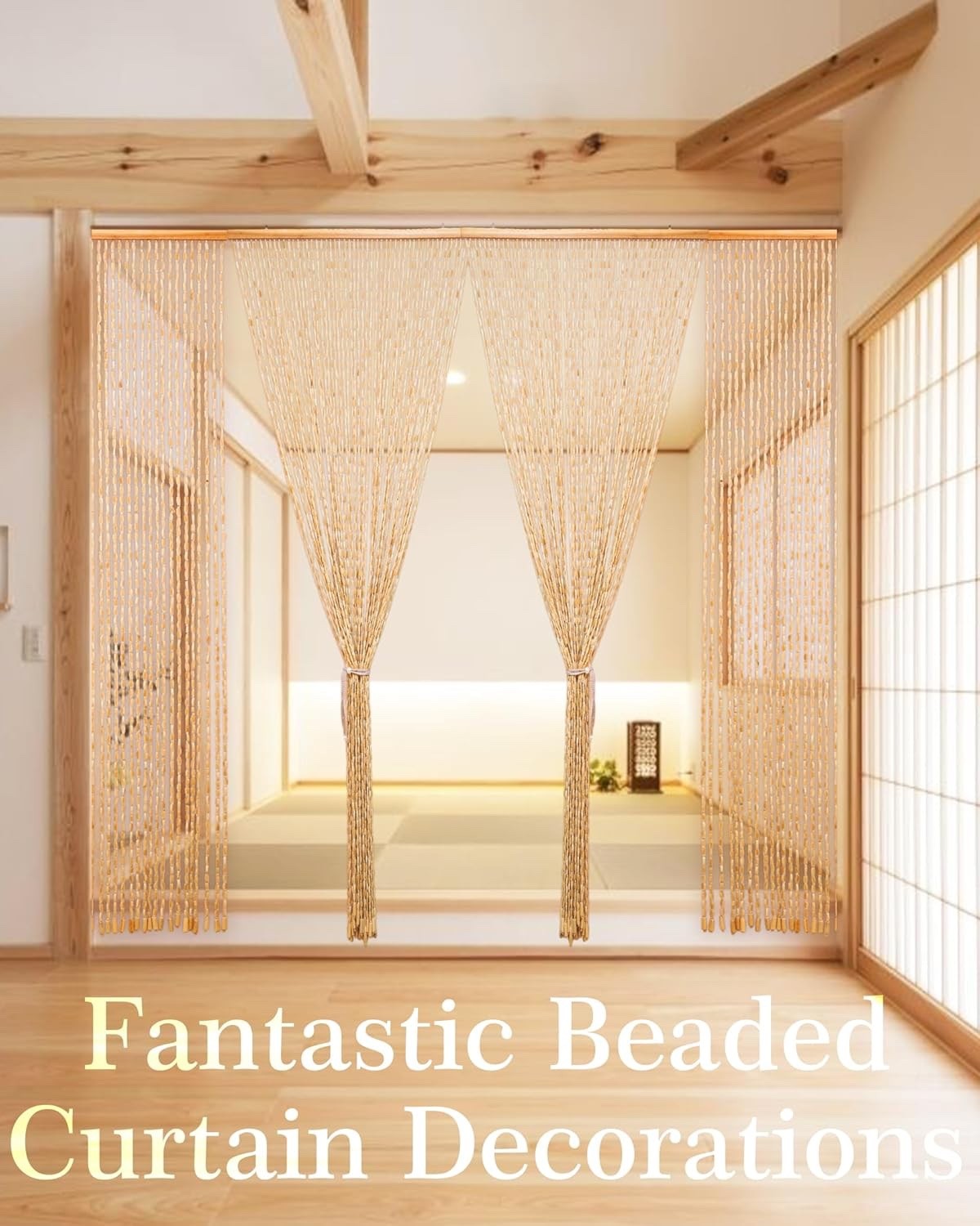 Bamboo Beaded Door Curtain 90x195cm 52 Strands Beige Wooden Fly Screen Doorway