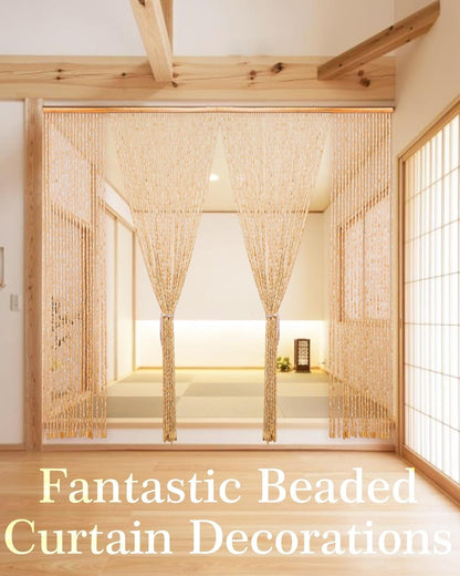 Bamboo Beaded Door Curtain 90x195cm 52 Strands Beige Wooden Fly Screen Doorway