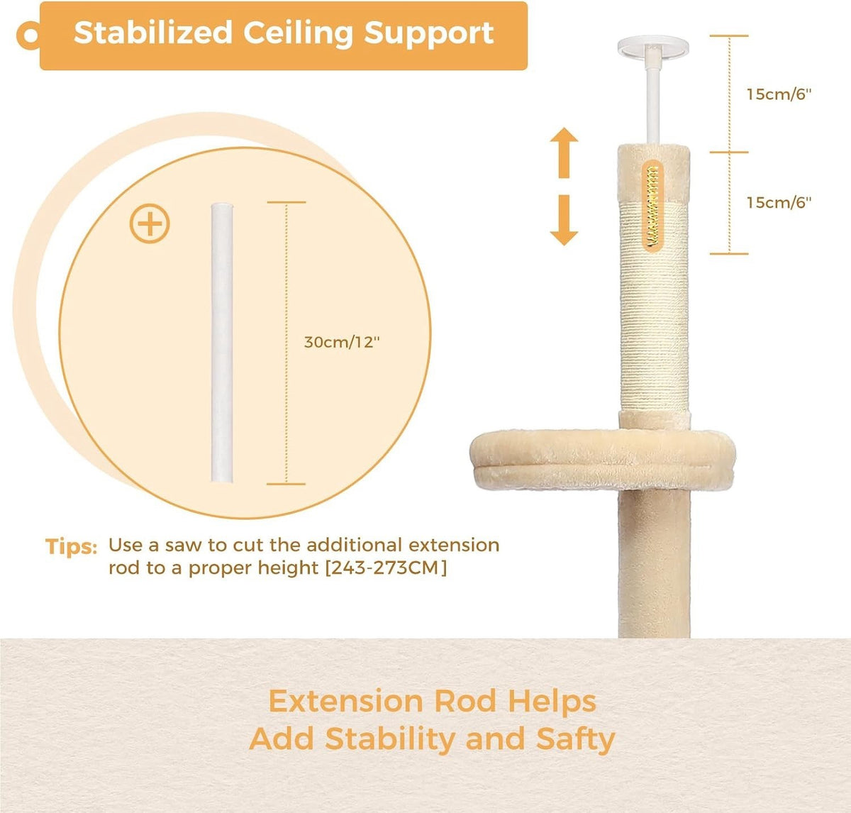 Cat Tree Tower Scratching Post Floor Ceiling 5 Tier Adjustable 243-273cm Beige