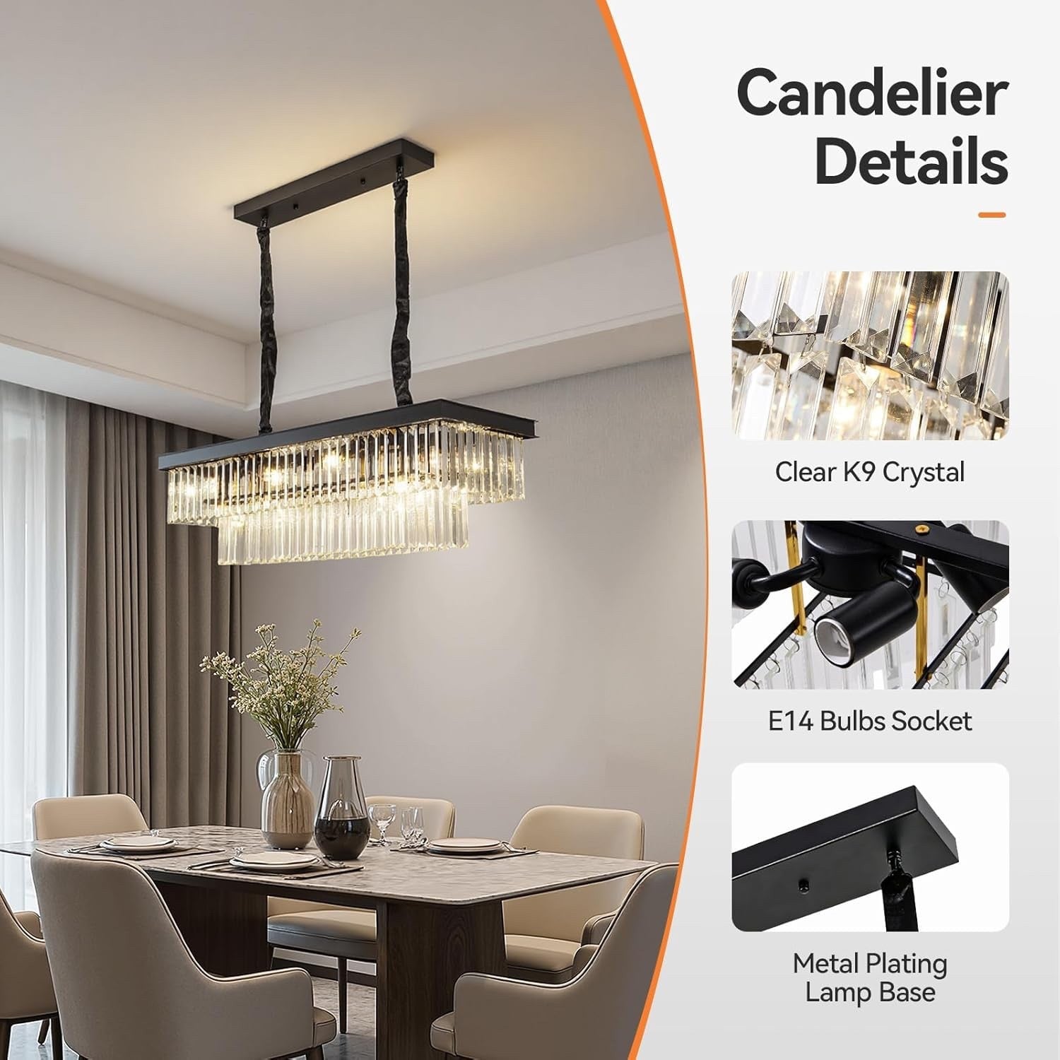 Modern Crystal Chandelier 8 Light Black Ceiling Pendant E14 Fixture 80x85cm