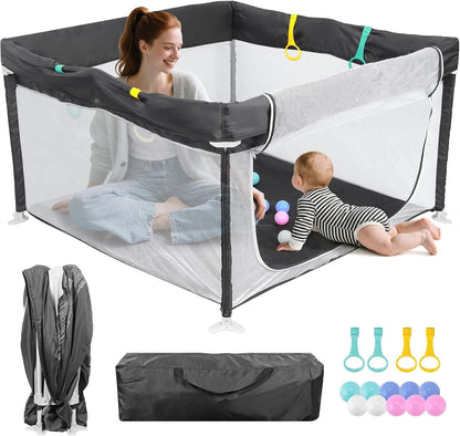 Baby Playpen Foldable Portable 50x50 Soft Mat Travel Play Yard Grey Kids Indoor