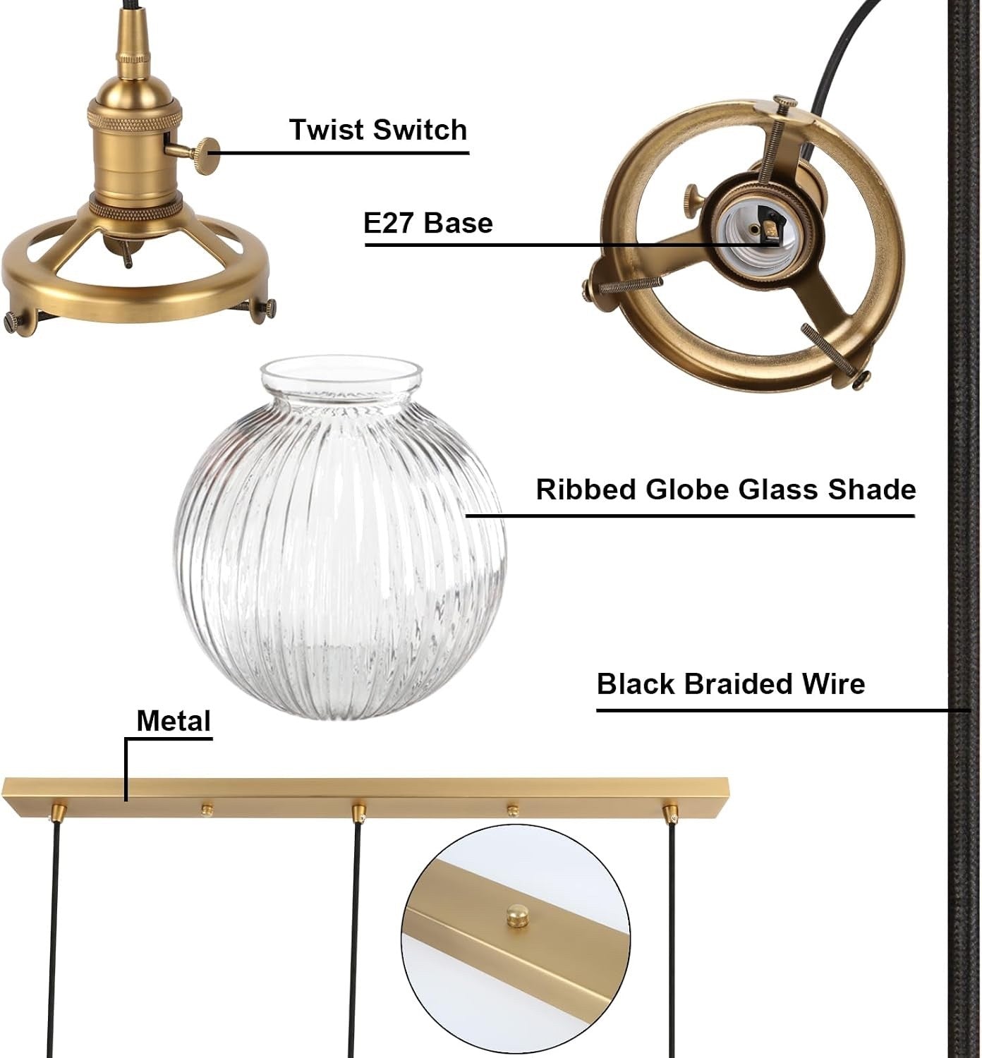 Industrial Pendant Ceiling Light 3 Head Ribbed Glass Antique Gold E27 Hanging