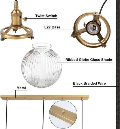 Industrial Pendant Ceiling Light 3 Head Ribbed Glass Antique Gold E27 Hanging