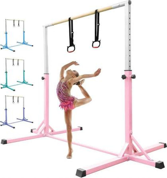 FBSPORT Gymnastics Horizontal Bar with Gymnastic Rings Height Adjustable Pink